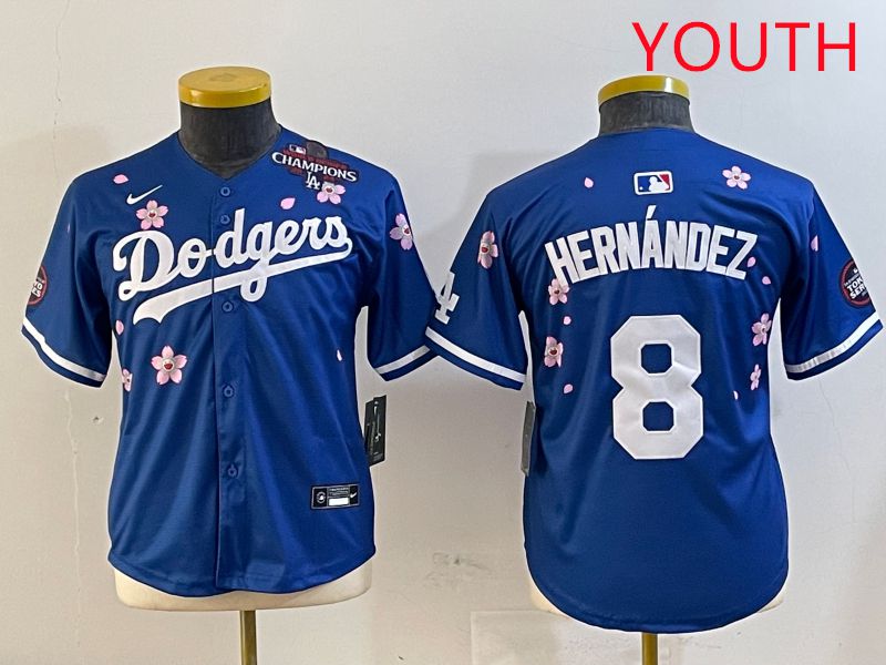 Youth Los Angeles Dodgers #8 Hernandez Blue Sakura Edition 2025 Nike MLB Jersey style 4
